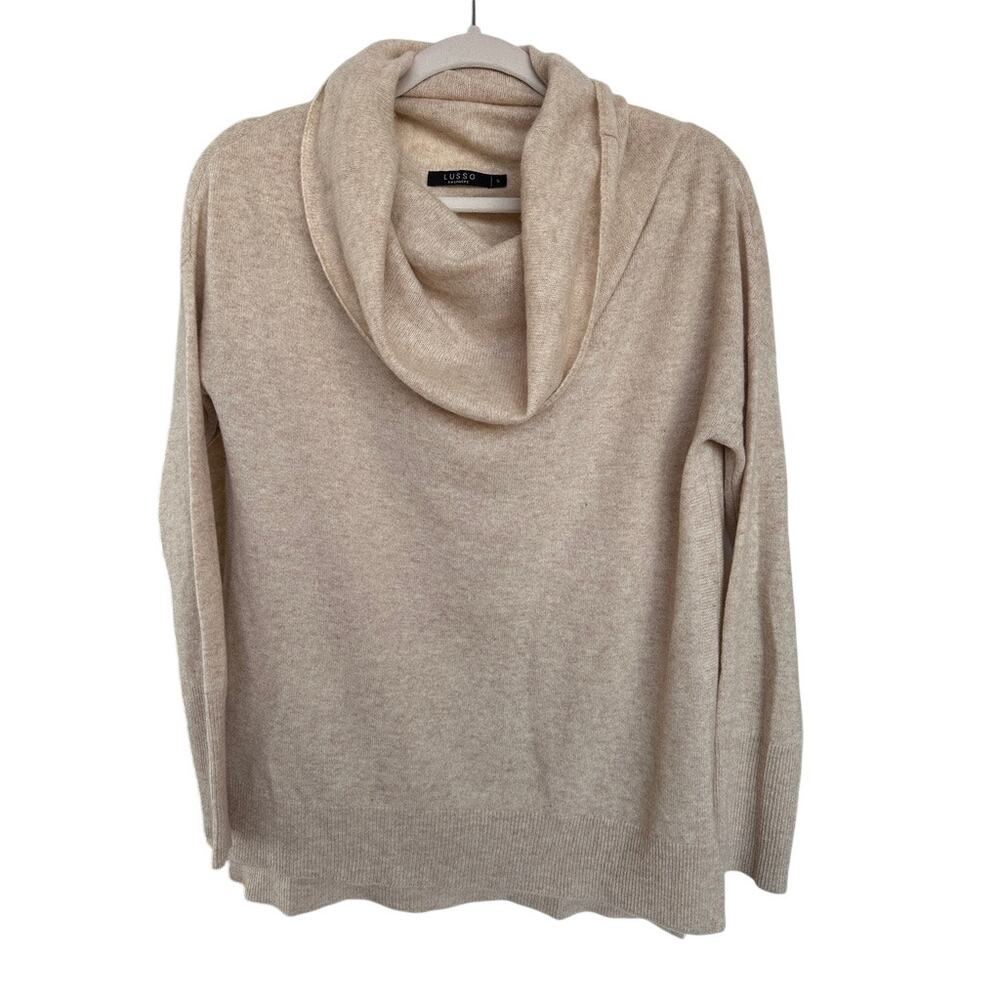 Lusso Desiree Cashmere Cowl Neck Tunic Sweater Tan Relaxed Fit Small
